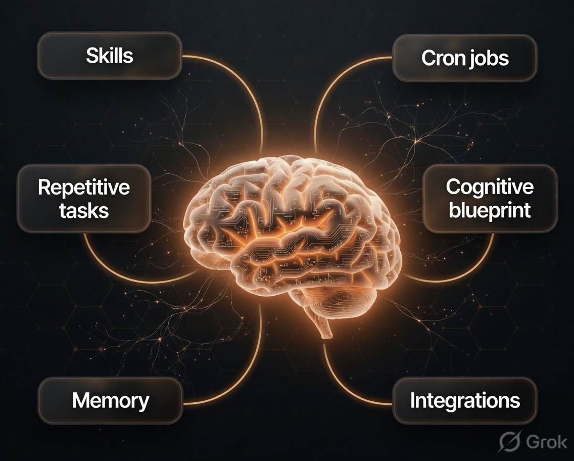 Brain diagram showing skills, cron jobs, repetitive tasks, cognitive blueprint, memory, and integrations