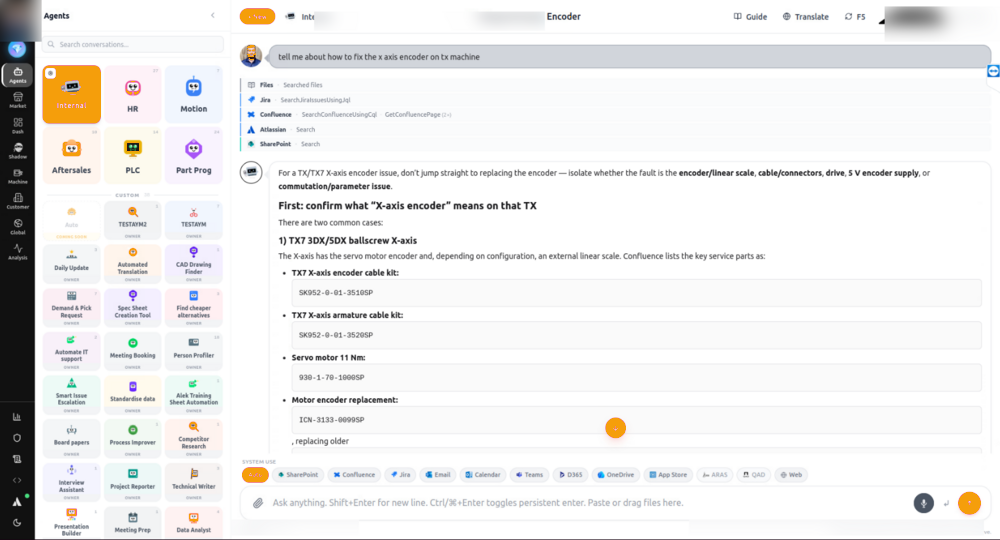 Chat showing a technical Q&A about fixing a TX X axis encoder, with structured answer and citations