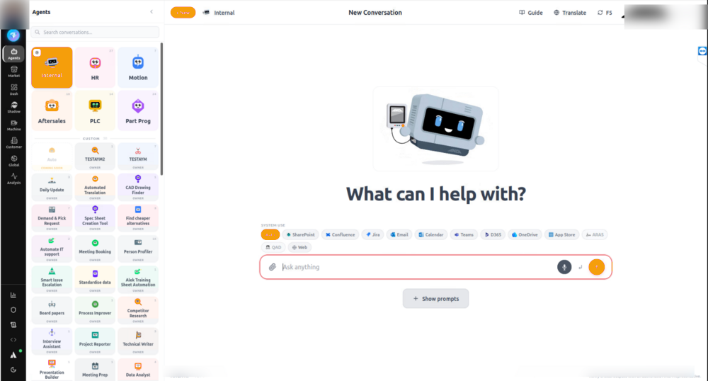 Chat interface showing the agent picker on the left and system data source tabs above the message box