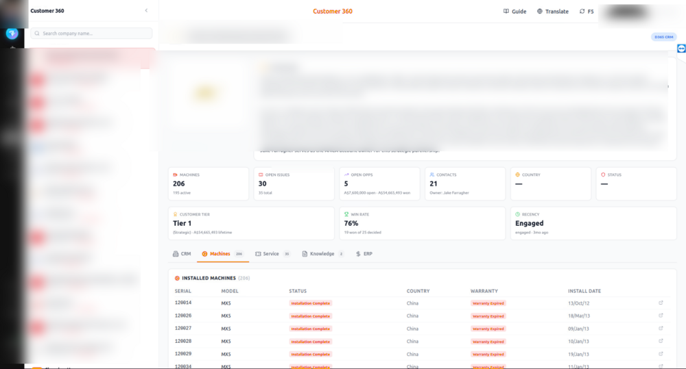 Customer 360 view showing customer details, installed machines, tier and engagement