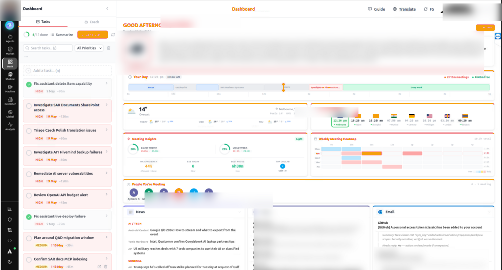 Daily dashboard showing greeting, priorities, news, calendar, and recent emails